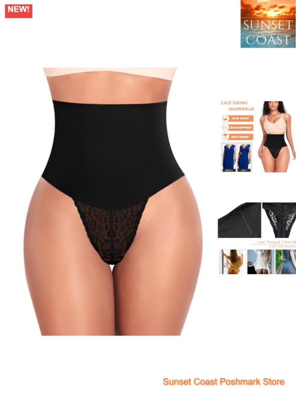 Tummy Control Thong Shapewear Lace Mid Rise Seamless Shaping Girdle